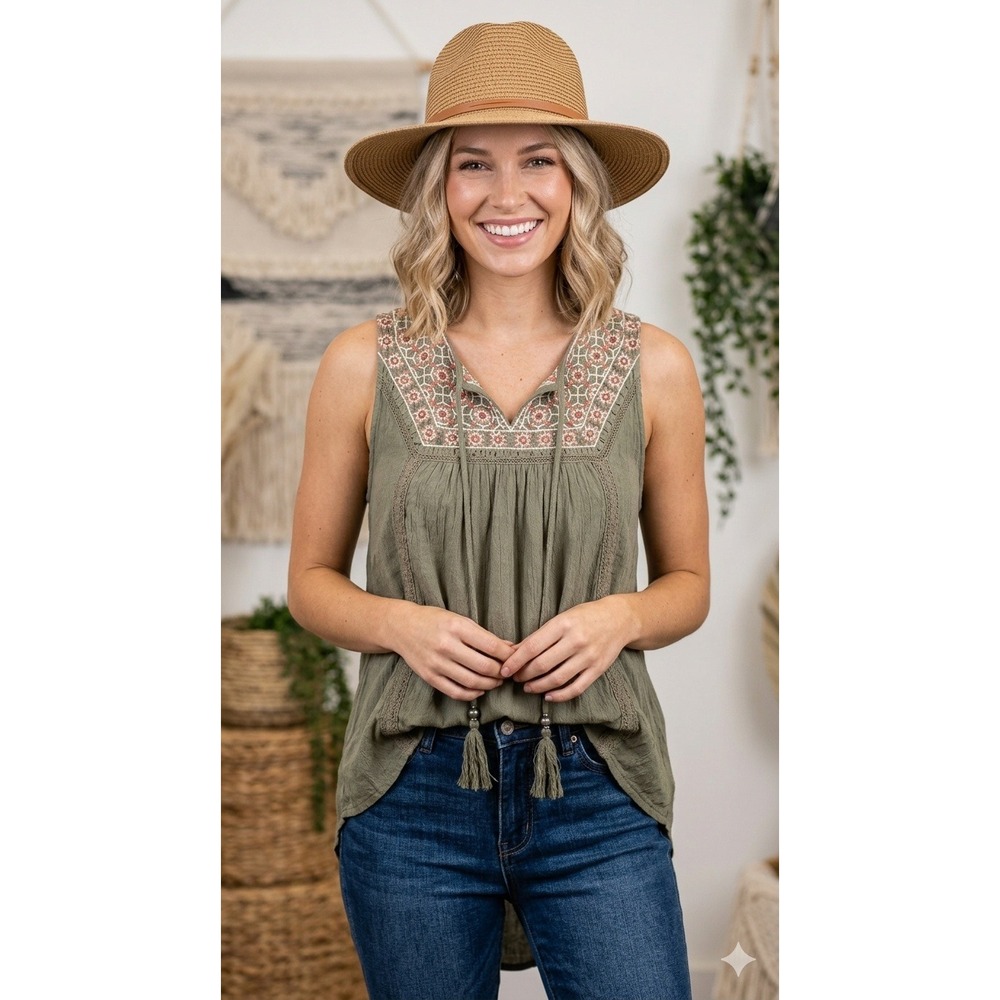 Bohemian Babydoll Top Y2K Relaxed Fit Embroidered Green Summer Festival Size M